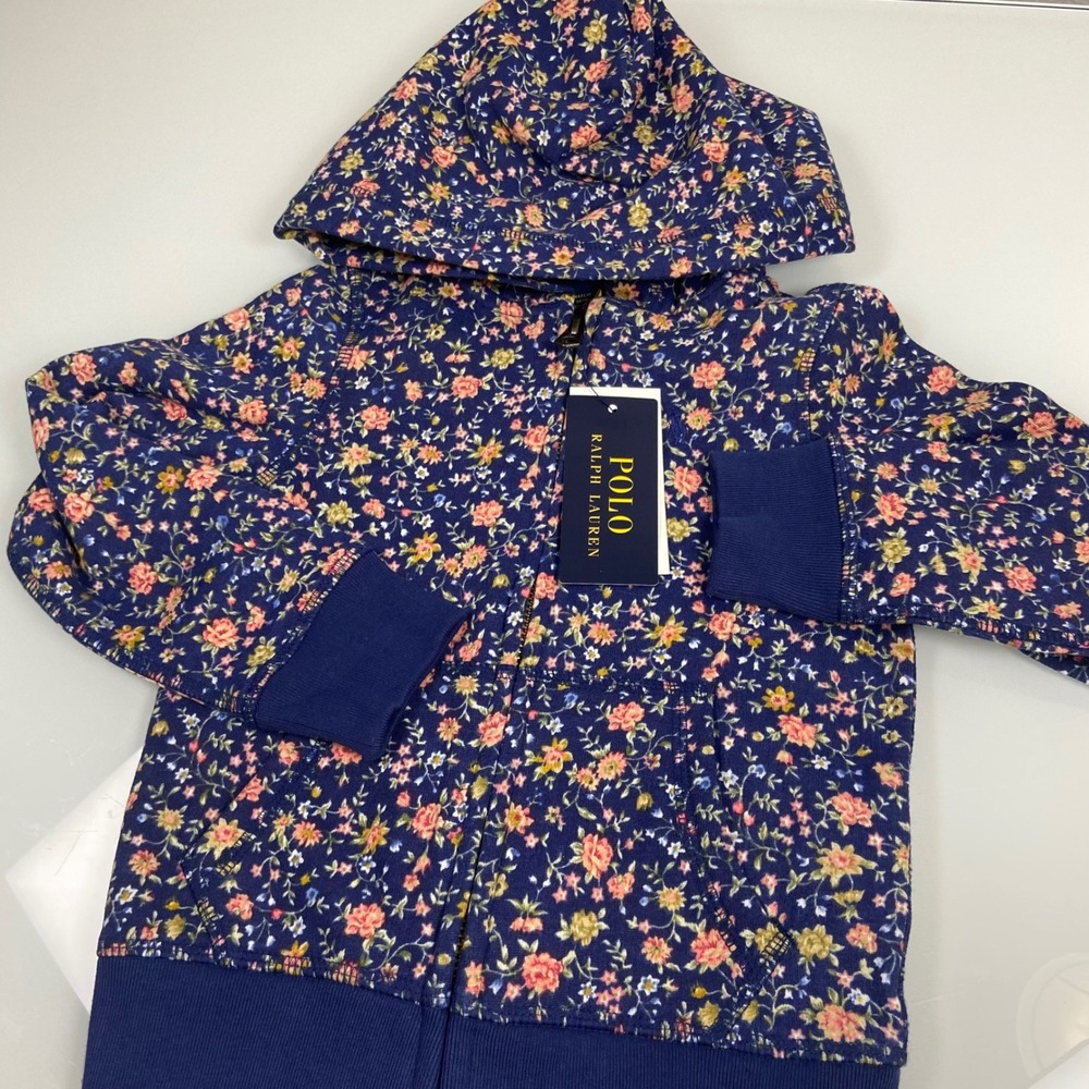 Polo Ralph Lauren Girls 4 Navy Blue Floral Fleece Full-Zip Hoodie NEW Preppy